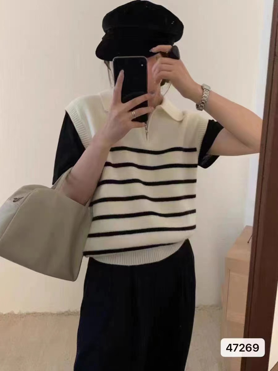 新款韓系復古翻領拉鏈半開胸條紋背心
