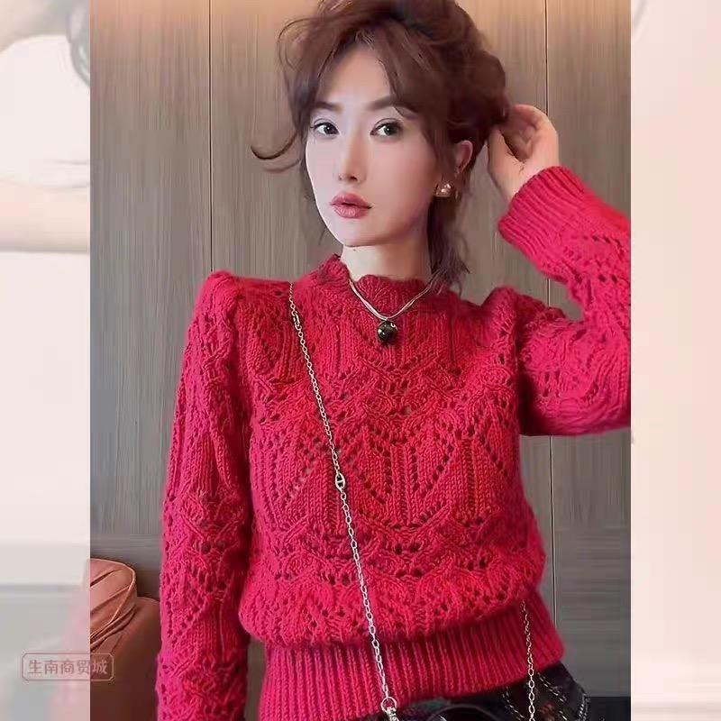yiyi吖鏤空套頭長袖針織毛衣女設計感小眾顯瘦氣質復古紅色打底衫