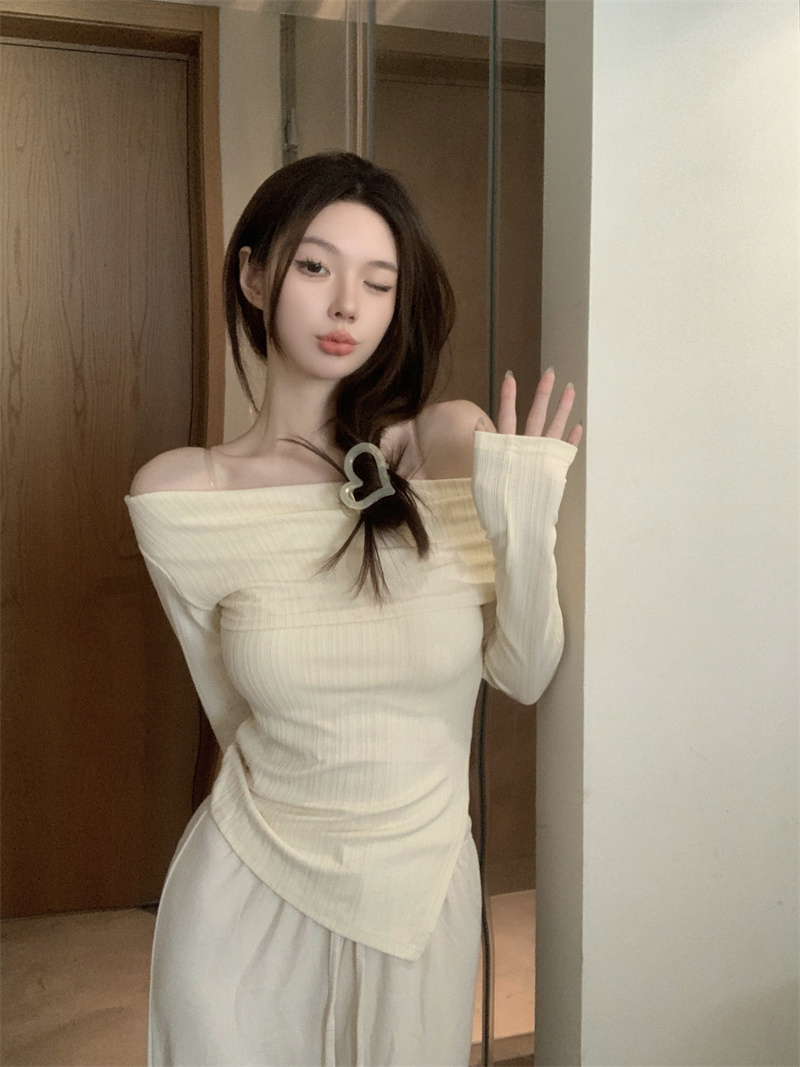 秋裝復古一字肩套頭顯瘦開叉T恤不規則小眾高級感休閒上衣女