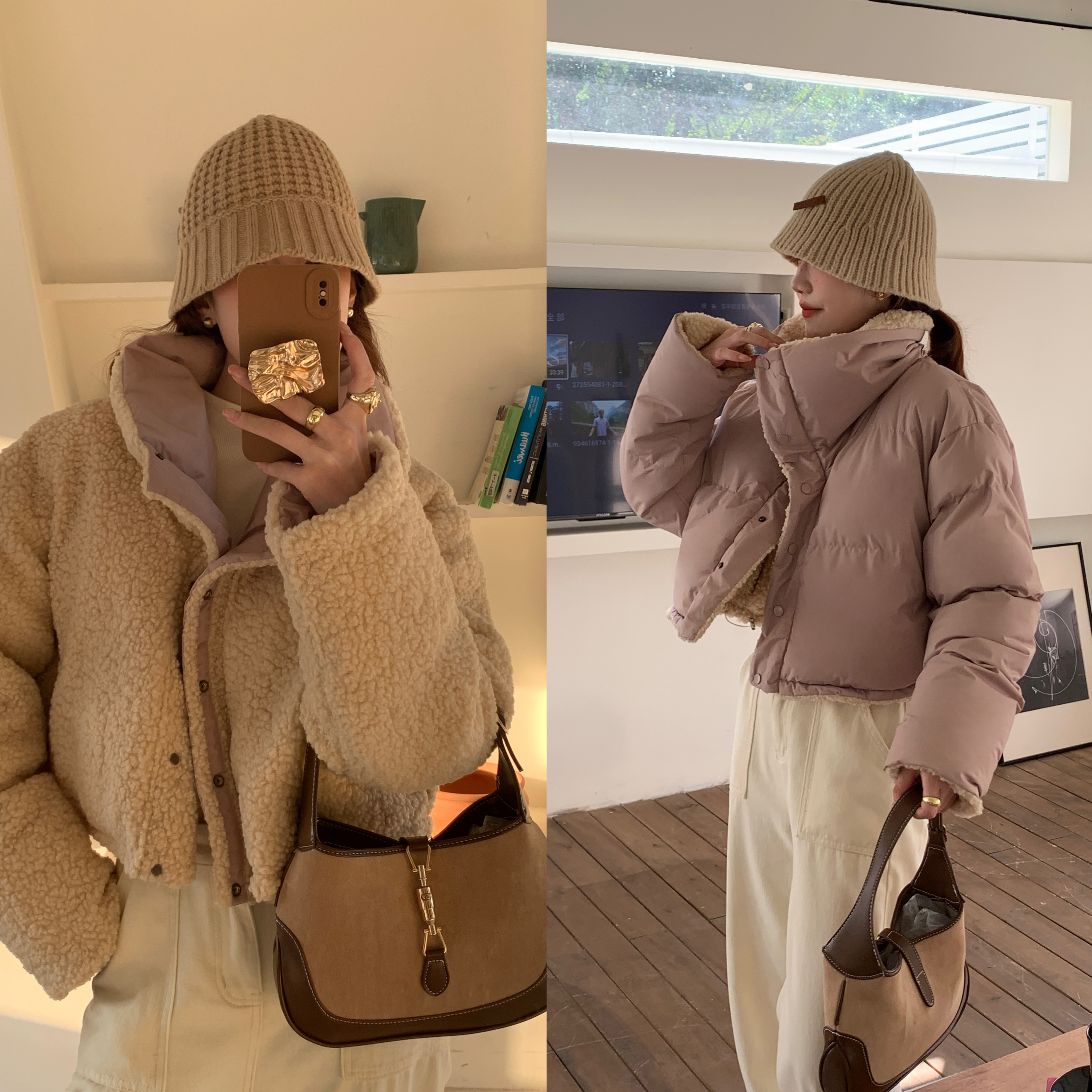 Actual shot# Simple Korean style lamb wool splicing reversible hand stuffed cotton jacket