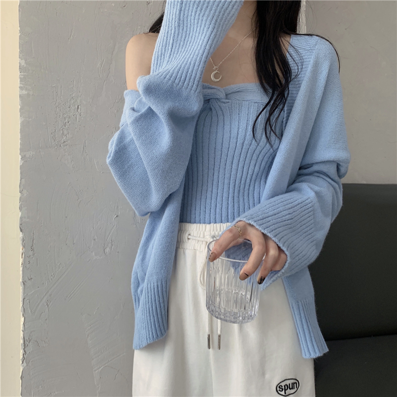 實拍 秋冬新款抹胸打底吊帶+寬鬆純色開衫毛衣兩件套