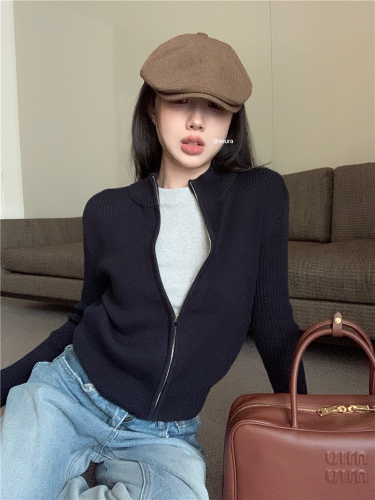 Navy cardigan jacket for women in fall, slim-fitting outer long-sleeved soft zipper knitted sweater niche top