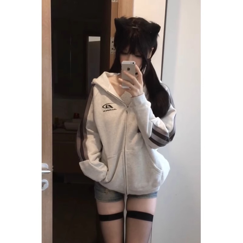 Pure cotton and silver fox velvet American style lazy style high-end design loose and versatile hooded zipper sweatshirt