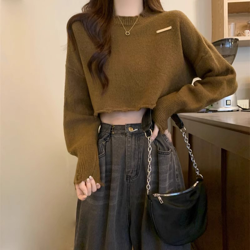 美拉德小個子針織打底衫女2023年秋冬季短款高腰毛衣卡腰內搭上衣