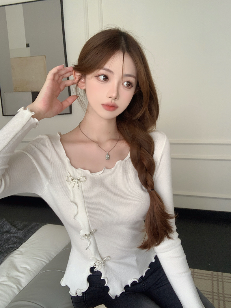 實拍 小眾溫柔女式穿搭不規則木耳邊打底衫洋氣時尚蝴蝶結上衣