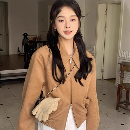 Korean chic autumn American retro lapel double zipper pockets loose and versatile imitation deerskin velvet jacket for women