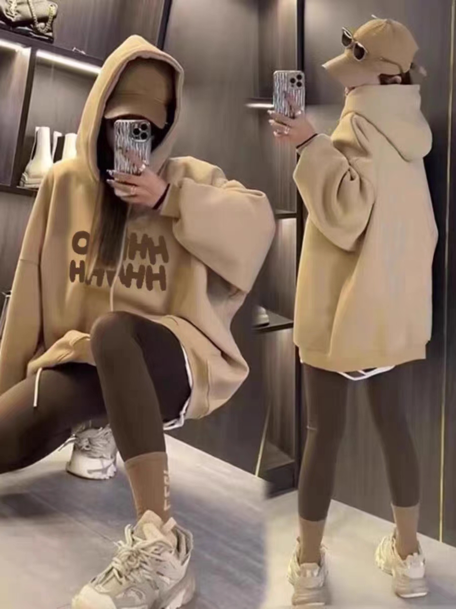 華棉複合 秋冬 印花衛衣女連帽簡約撞色高級感上衣
