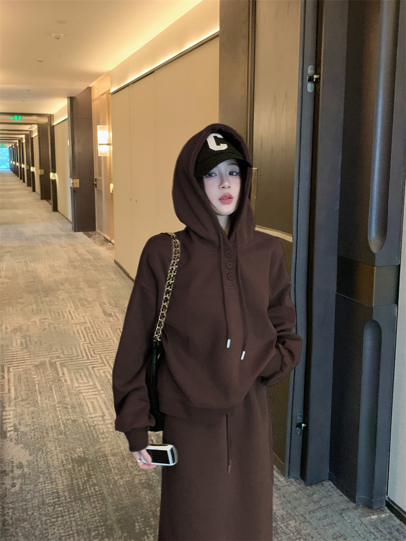 實拍 秋冬新款休閒加厚套裝女長袖衛衣鬆緊腰A字裙包臀裙兩件套