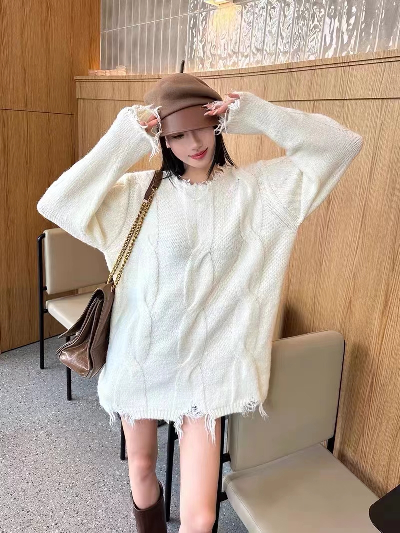 韓劇溫柔風奶白麻花毛衣女秋冬套頭寬鬆外穿慵懶百搭加厚針織衫