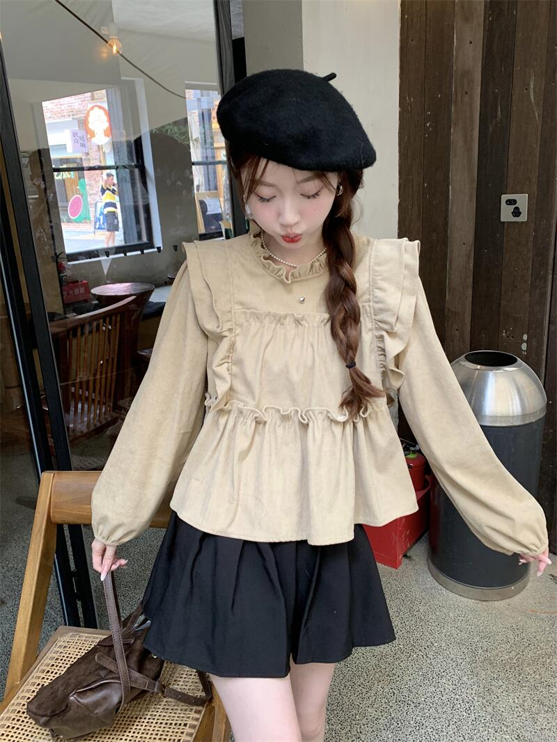 2023 new autumn and winter sweet and fresh design niche corduroy tops for women ruffled pleated long-sleeved shirts