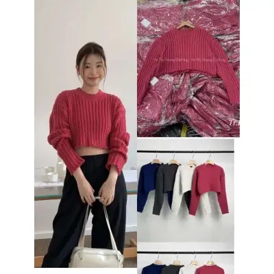 韓國東大門SAN秋季新款短款套頭圓領針織衫毛衣女ins簡約百搭上衣