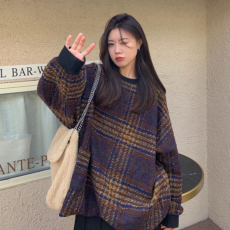 加厚毛呢衛衣女復古撞色格子長袖秋季2023新款寬鬆休閒百搭圓領潮