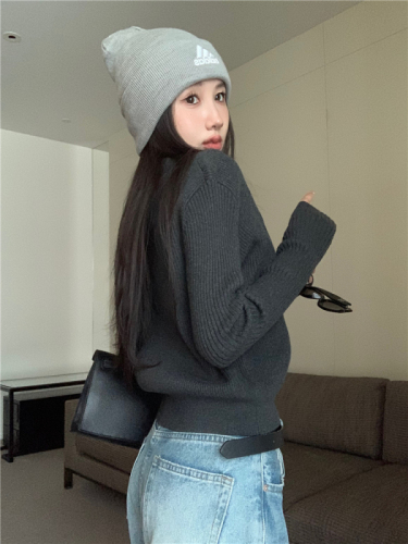 Navy cardigan jacket for women in fall, slim-fitting outer long-sleeved soft zipper knitted sweater niche top