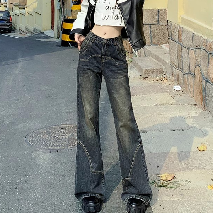 水泥灰復古闊腿微喇牛仔褲女春秋美式高街高腰顯瘦寬鬆拖地褲子潮