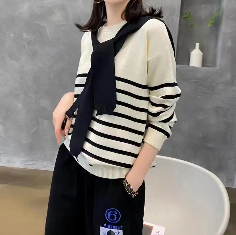 條紋長袖針織衫女秋季2023年新款女裝設計感上衣披肩毛衣女