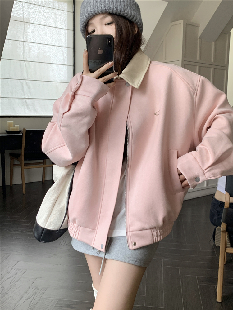 Real shot~Large size women's American retro imitation deerskin jacket with detachable lapel baseball uniform autumn and winter jacket