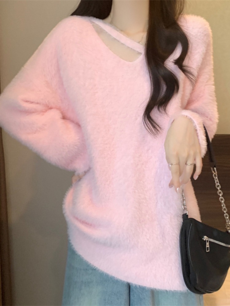 Lazy style discreet design sweater women's soft and waxy design sweater top