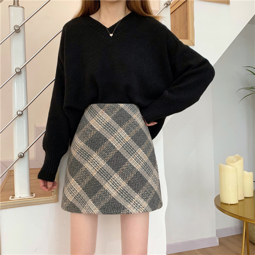 Longfengni + safety pants + elasticated back autumn and winter new plaid high-waisted slimming A-line skirt for women with temperament