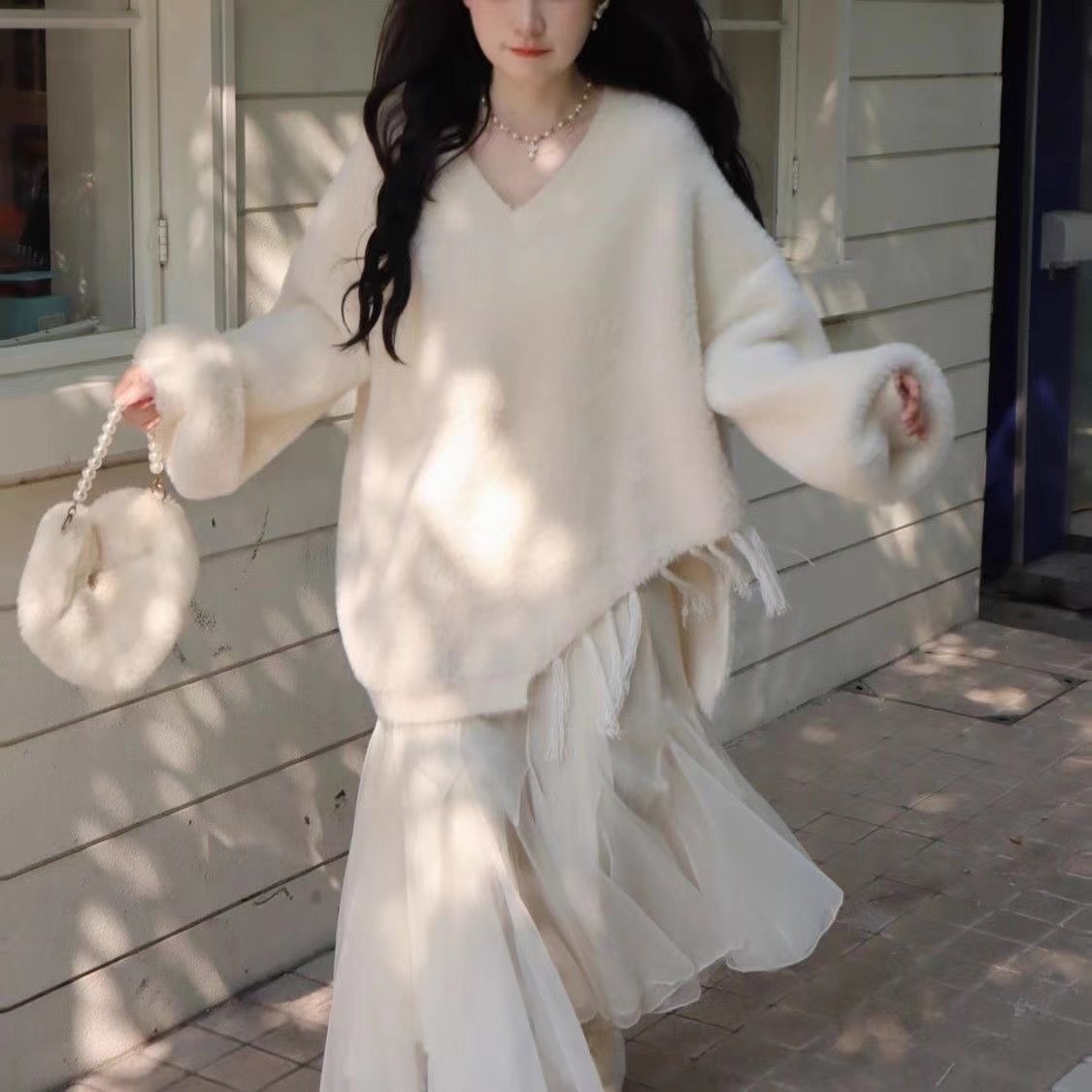 月落湖心 純色氣質流蘇水貂絨寬鬆毛衣厚針織上衣女秋冬