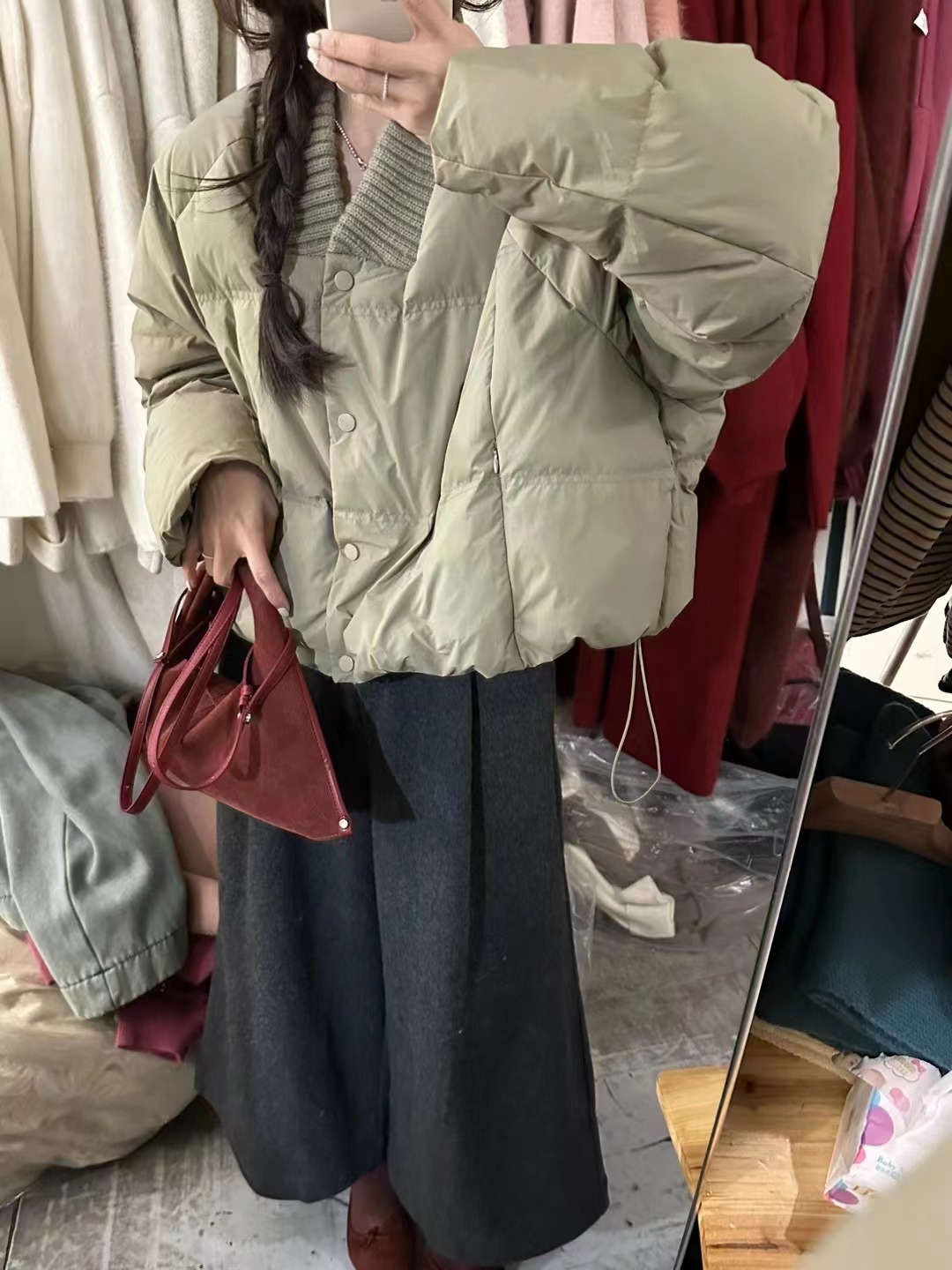 針織拼接V領顯瘦寬鬆90白鴨絨羽絨服女23冬季新款洋氣百搭短棉服