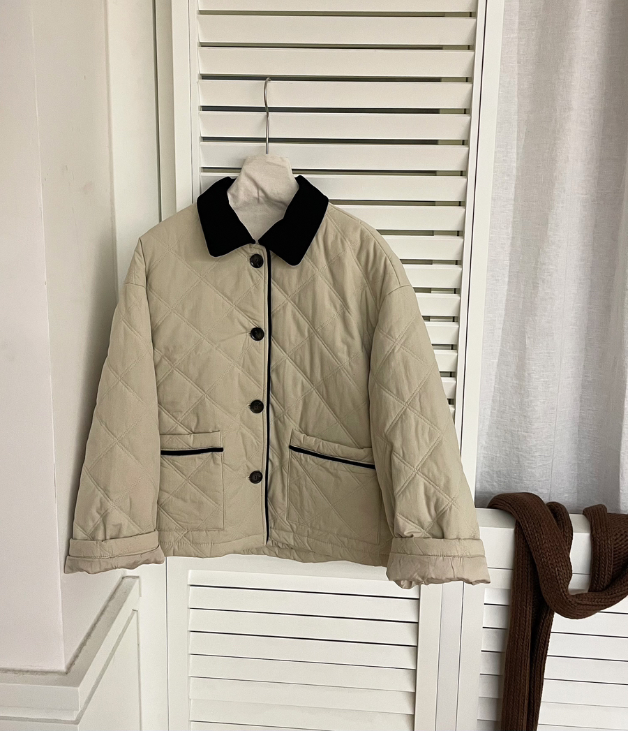 sevenmeter撞色翻領韓系休閒保暖棉服外套
