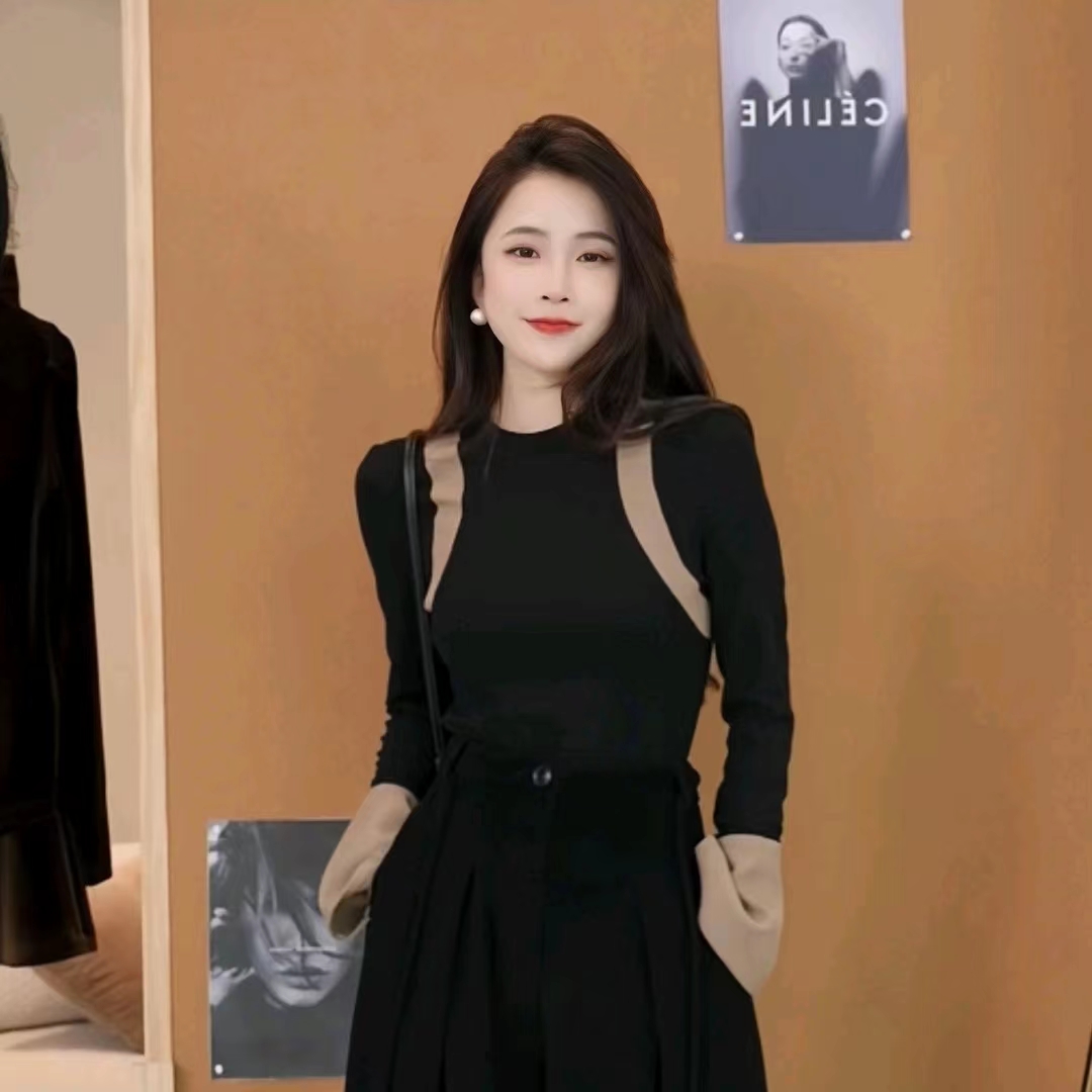 時裝周記拼色長袖T恤女修身顯瘦秋冬季新款拼接圓領上衣服
