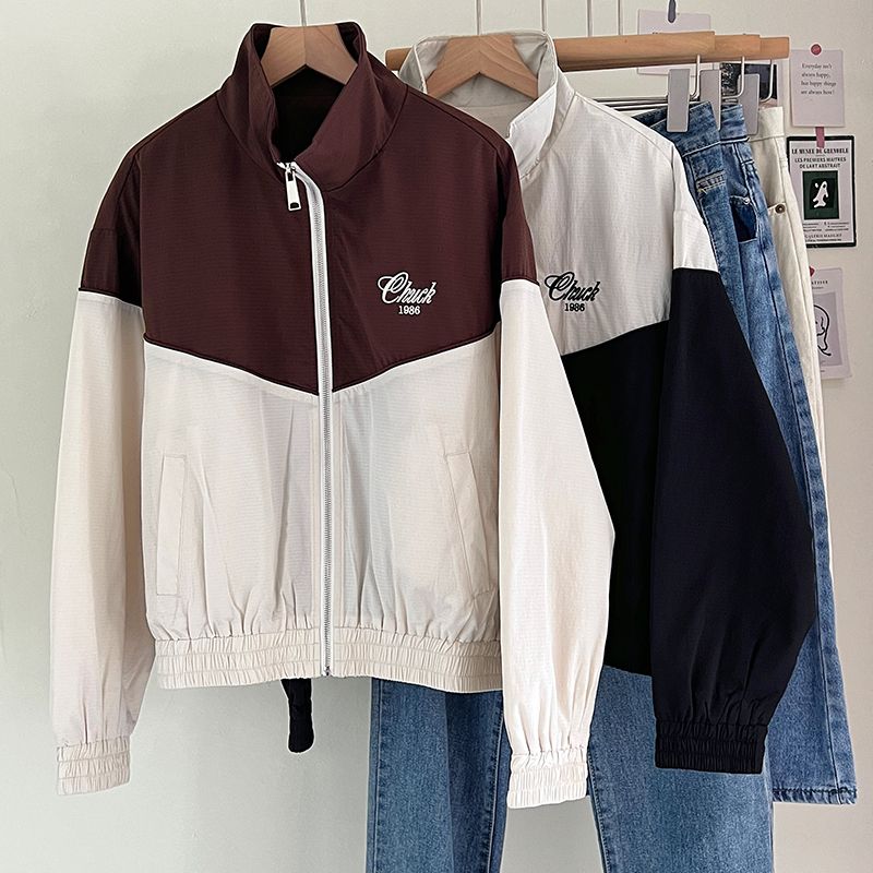 Real shot of contrasting color stitching embroidered windproof jacket for women with design sense baseball uniform short jacket for women 2023 spring, autumn and winter Korean version