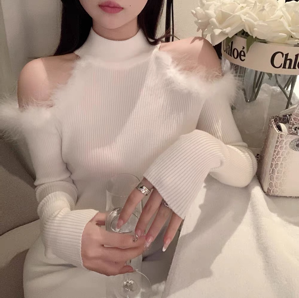 una's new autumn and winter design furry off-shoulder slim knitted sweater