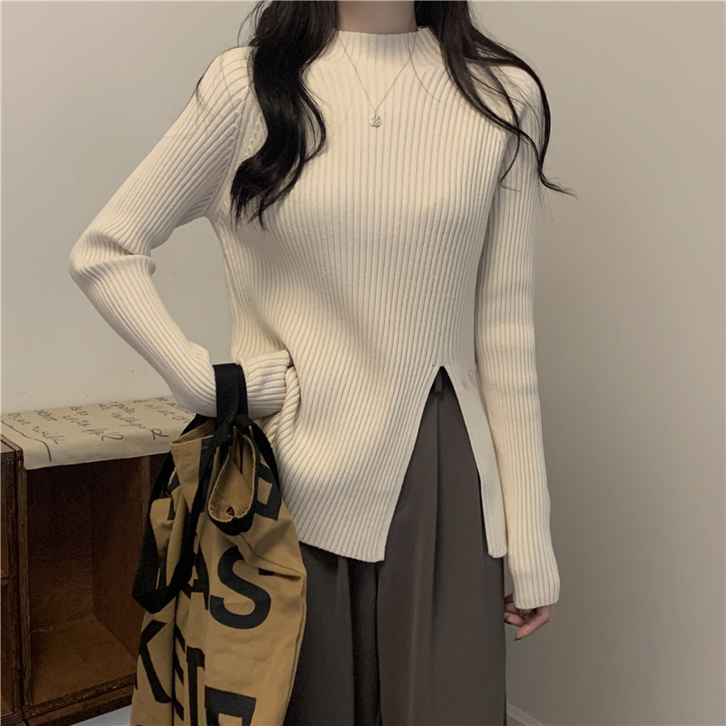 Autumn and winter new style gentle temperament half turtleneck slit design knitted sweater women's bottoming shirt with slimming top inside