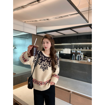 韓版復古灰色圓領費爾島毛衣套頭針織衫女新款秋撞色羊毛外穿上衣
