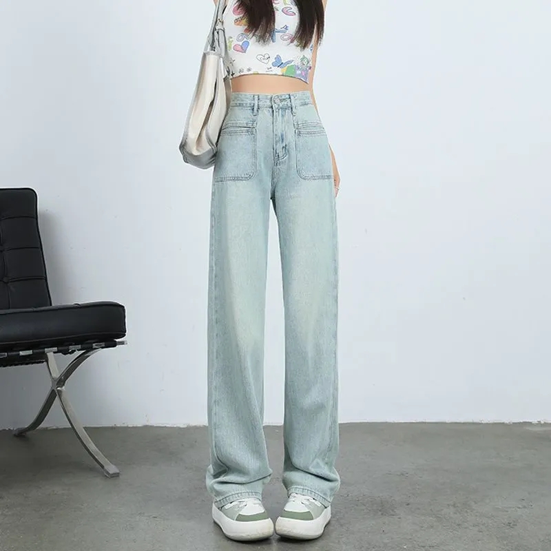 American street denim overalls for women spring and autumn 2023 new loose high-waisted straight wide-leg pants for small people