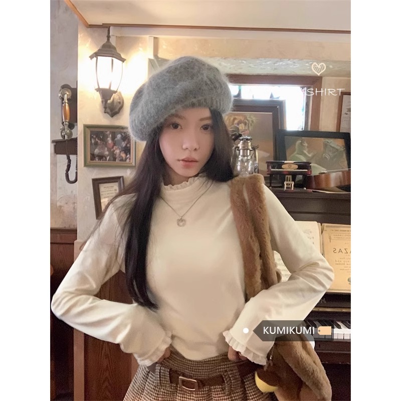 設計感小眾蕾絲花邊拼接長袖半高領T恤女秋冬季新款打底衫上衣潮