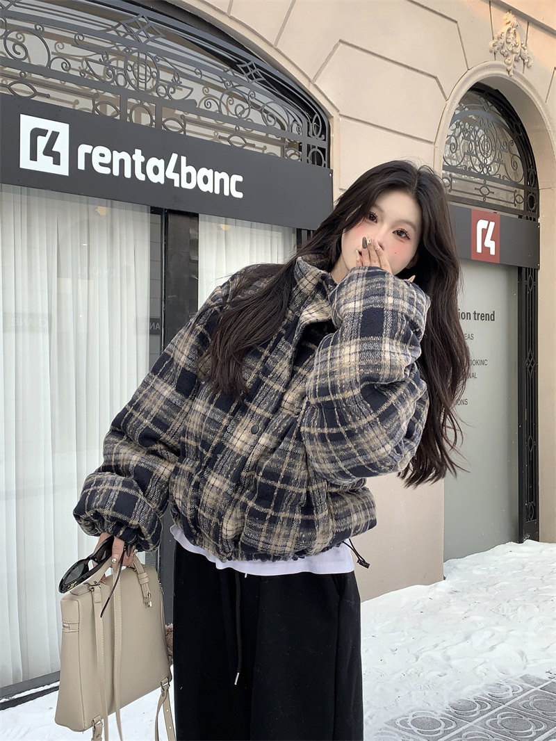 實拍~復古黑格加厚保暖棉衣短款寬鬆麵包服女