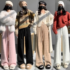 Actual shot of thickened soft waxy mink velvet jacquard knitted wide-leg pants for women in autumn and winter high-waisted slim casual floor-length pants