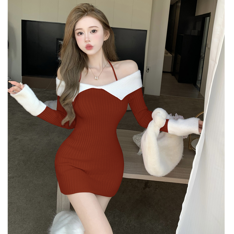 Christmas sexy one-shoulder halter neck knitted dress for women in early spring new style discreet French waist and hip skirt