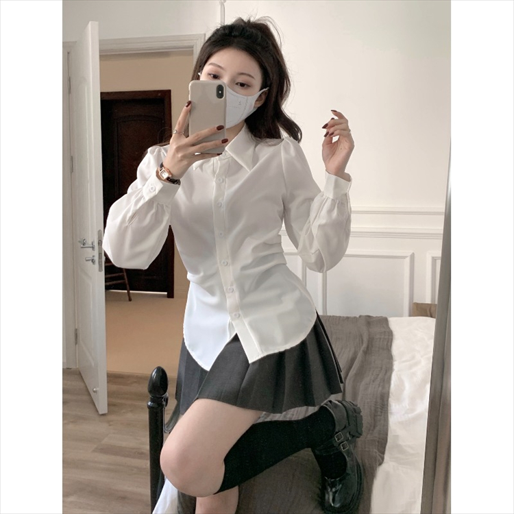 高級感白色泡泡袖襯衫女秋冬新款設計感小眾收腰襯衣內搭長袖上衣