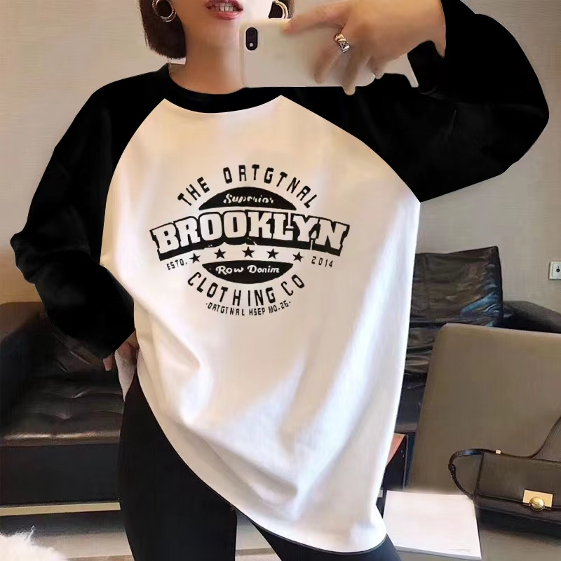 春秋季新款純棉長袖t恤女設計感小眾上衣撞色寬鬆減齡打底衫
