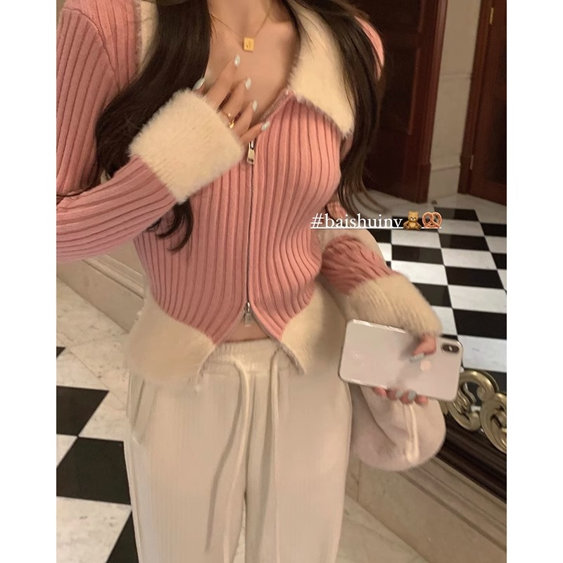 藍色拼接針織衫女早春新款氣質設計感毛毛領開衫短款上衣