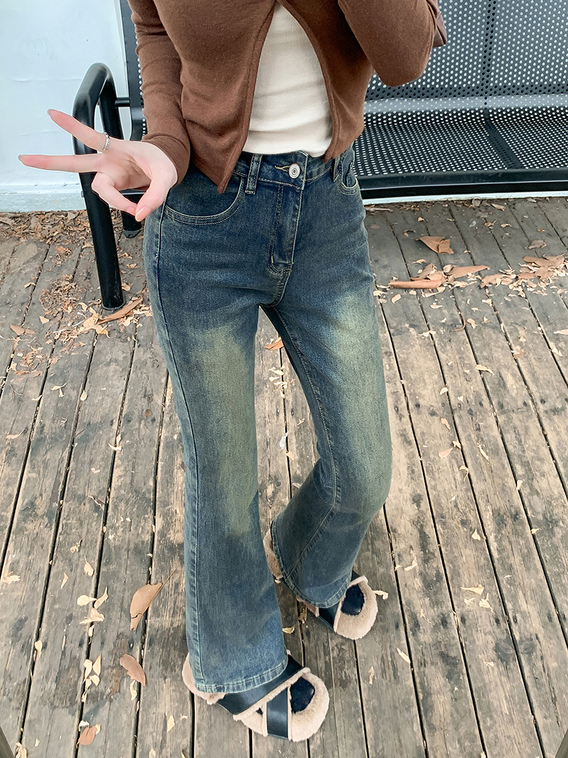 實拍~復古懷舊微喇牛仔褲女高腰顯瘦褲子新款修身彈力喇叭褲
