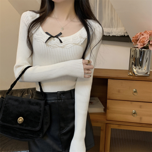 Real shot of autumn and winter new style lace collar sweater tops and design bottoming shirts