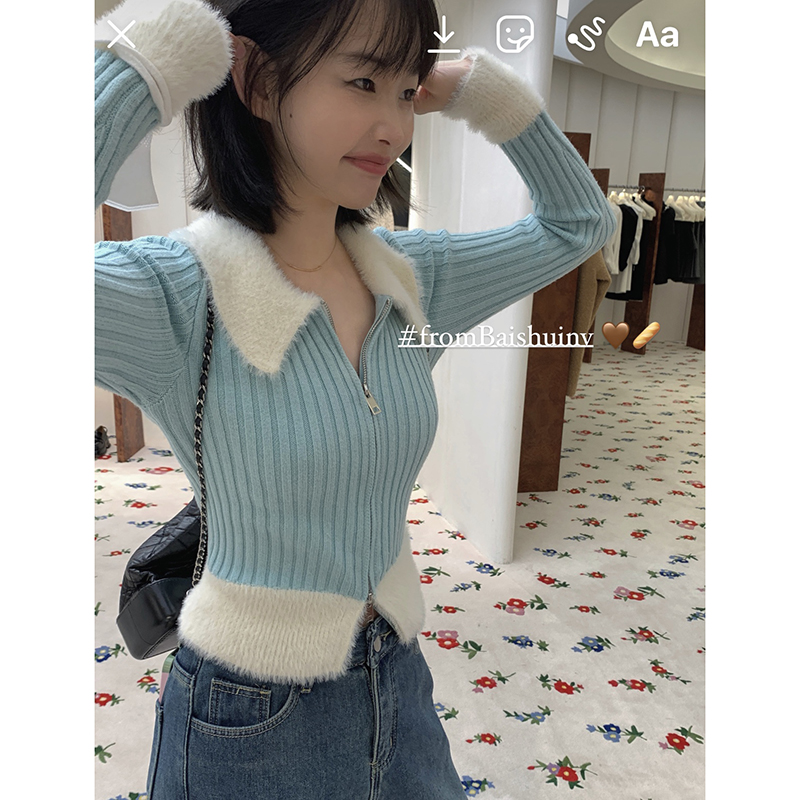 白水女 藍色拼接針織衫女早春新款氣質設計感毛毛領開衫短款上衣