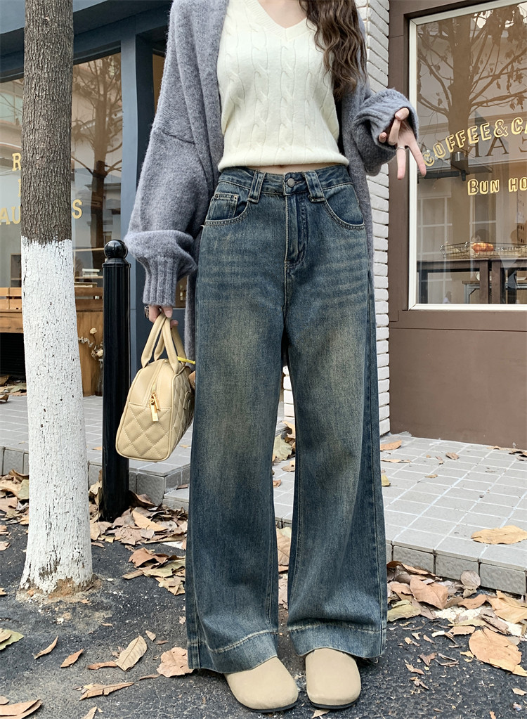 實拍 ~復古直筒牛仔褲女高腰顯瘦闊腿寬鬆九分褲