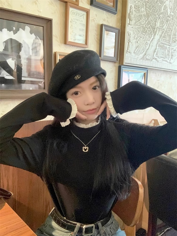 官圖 德絨打底衫女蕾絲花邊拼接長袖半高領T恤冬季修身上衣設計感