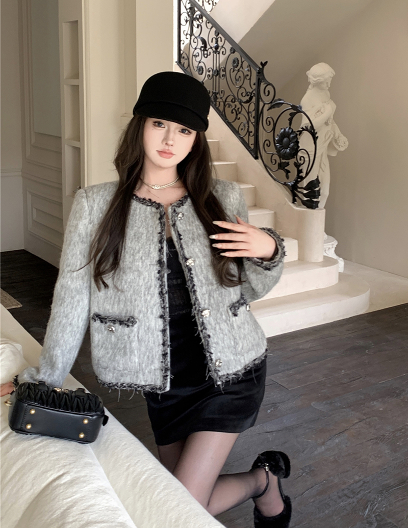 實拍秋冬復古灰色小香風外套羽絨服內里毛呢上衣女
