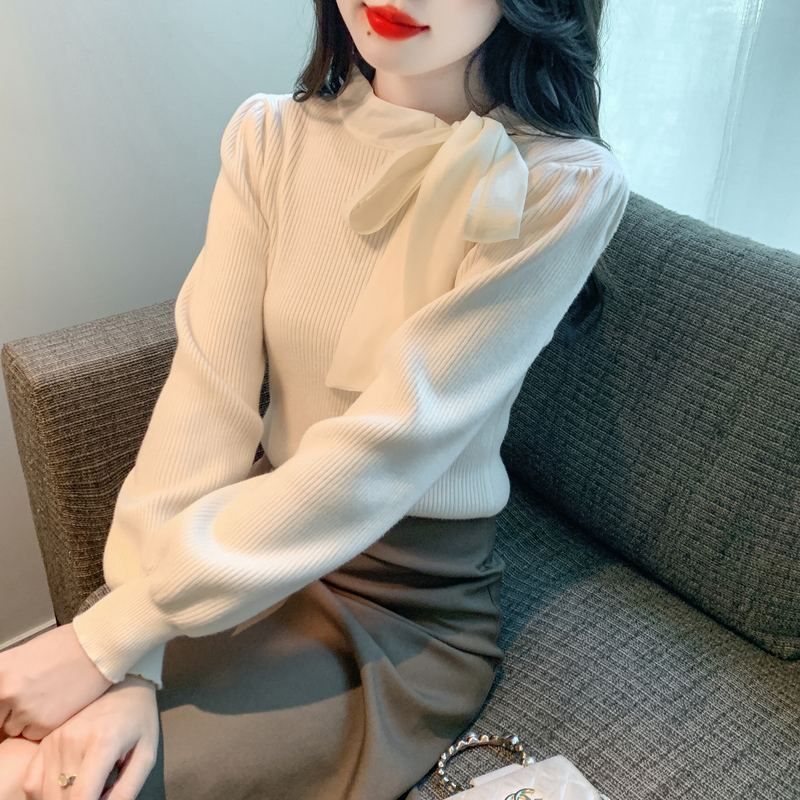 實拍2023冬季新款上衣女設計感小眾修身蝴蝶結長袖針織衫上衣