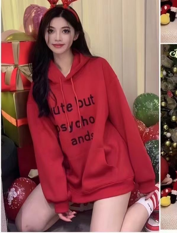 Simple letter printed hooded velvet sweatshirt for women winter wear 2023 new design trendy top