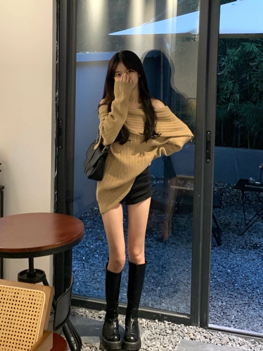 秋冬韓國新款高品質慵懶設計百搭一字肩毛衣女長款針織上衣