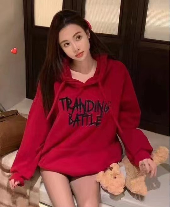 2023 new autumn and winter Internet celebrity style baby velvet hooded long-sleeved sweatshirt casual versatile top for women