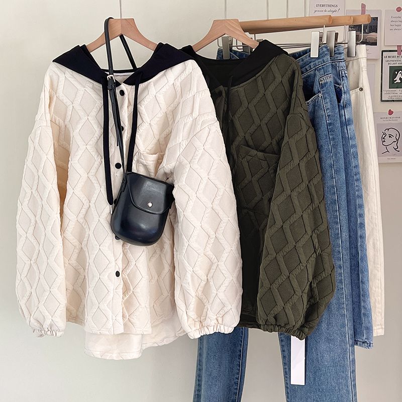 Thickened fake two-piece design textured coat for women 2023 autumn and winter contrasting color hooded loose mid-length coat casual