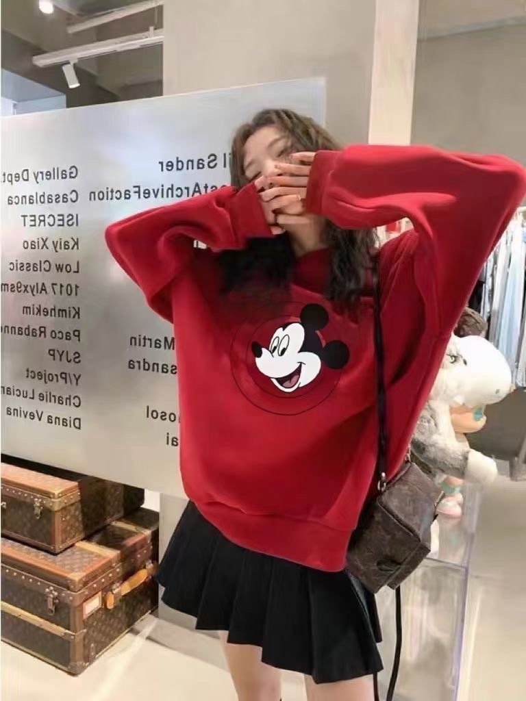 Women's 2023 new winter style Korean version red festive cartoon style versatile plus velvet pullover sweatshirt for women